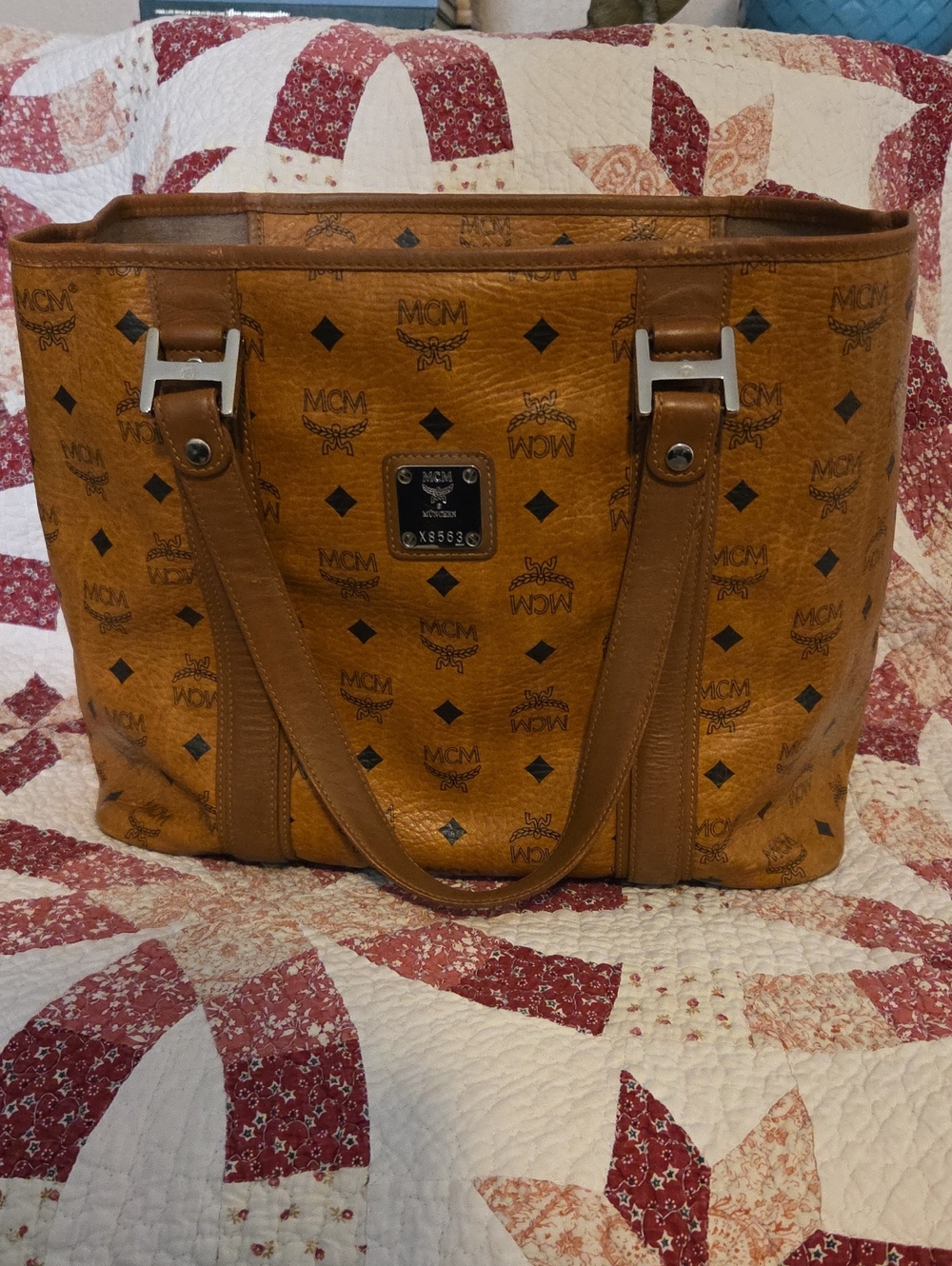 MCM Cognac/Black Monogram Leather Tote Huge